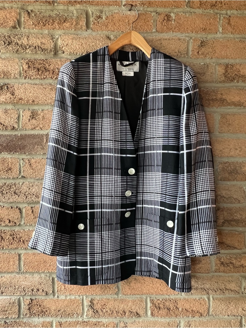 Jaeger Vintage Black White Plaid Longline Blazer Collarless Jacket
